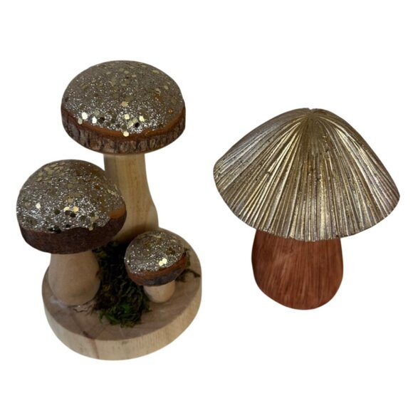 Retro Style Mushroom Figurine Set Golden Glitter Cap Fairy Garden Wood Resin - Picture 3 of 14